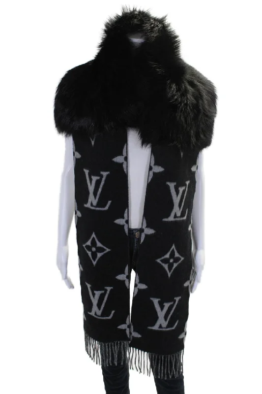 Louis Vuitton Womens Cashmere Monogram Fringe Fox Fur Scar Gray Black 60"x9"