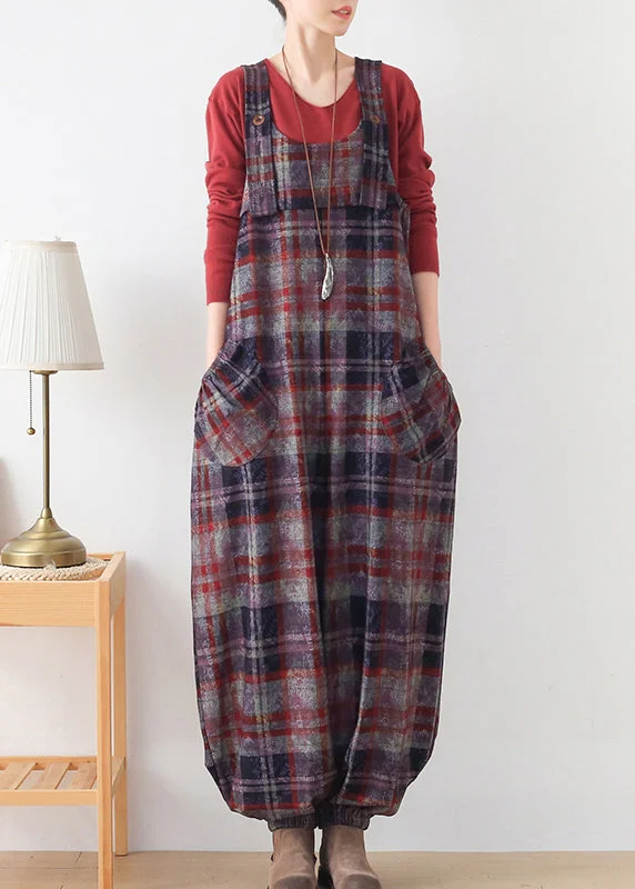 Red Plaid Pockets Woolen Jumpsuit Pants Fall