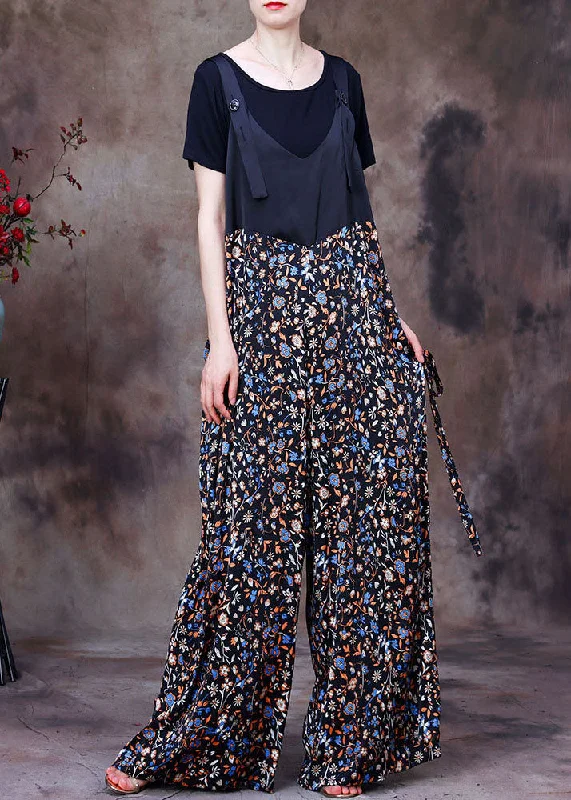 Plus Size Black Patchwork Print Pockets Silk Overalls Jumpsuit Two Pieces Set Summer