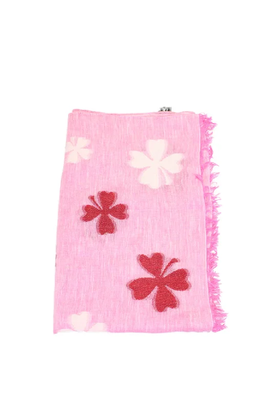 Chanel Womens Linen Knit Fringe Clover Printed Scarf Pink Red 70"x26"