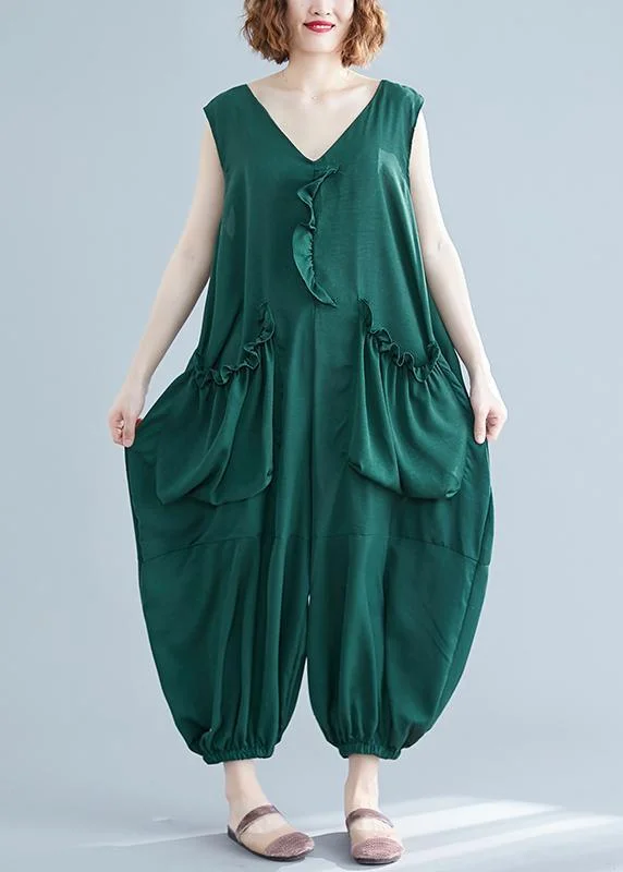 Plus Size Green Ruffled Summer Cotton Tracksuit Jumpsuit