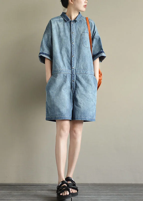 Italian Denim Blue Button Peter Pan Collar Pocket Cotton Jumpsuits Summer