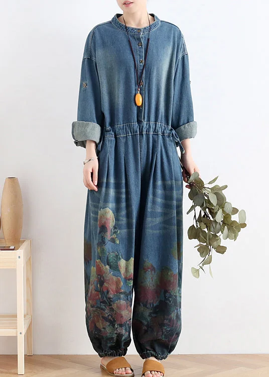 Plus Size Blue O-Neck Button Floral Cotton Denim Jumpsuit Long Sleeve