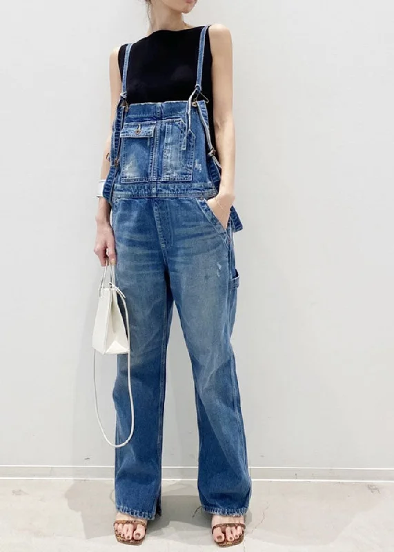 Handmade Blue Pockets Patchwork Denim Straight Jumpsuit Spring