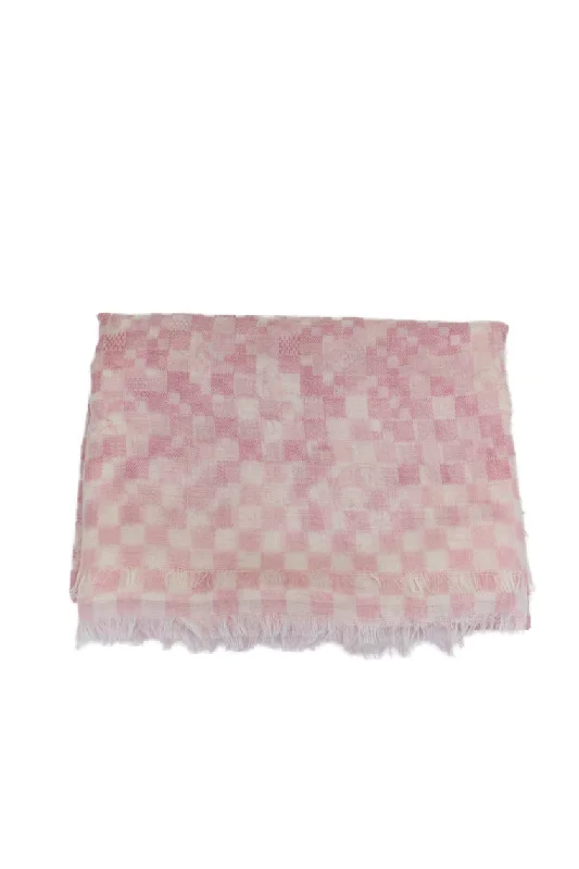 Louis Vuitton Womens Fringe Trim Monogram Logo Cashmere Scarf Pink White 72"x60"