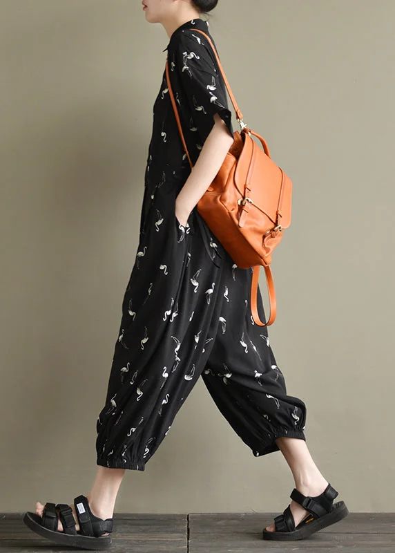 Loose Black Peter Pan Collar Button Print Chiffon Jumpsuit Short Sleeve