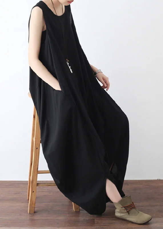 Bohemian Black O-Neck Zip Up Draping Pocket Chiffon Jumpsuit Sleeveless