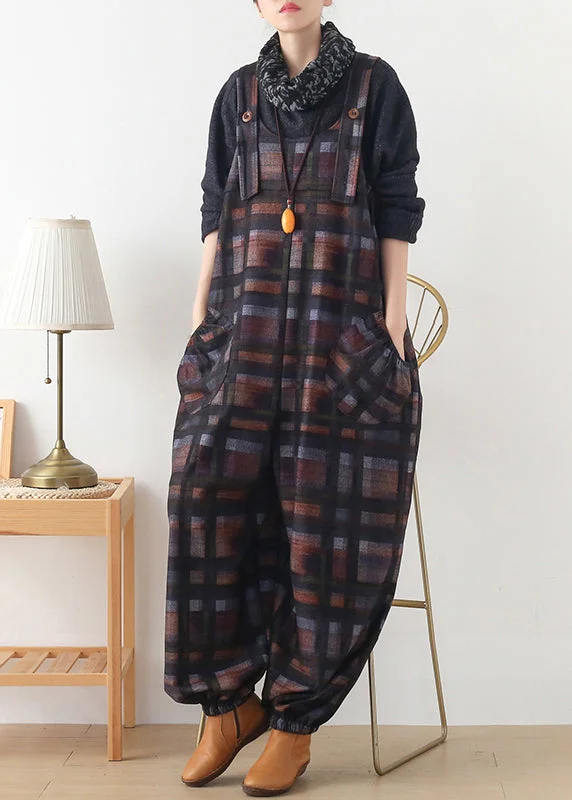 DIY Coffee Colour Plaid Button Woolen Jumpsuit Pants Fall