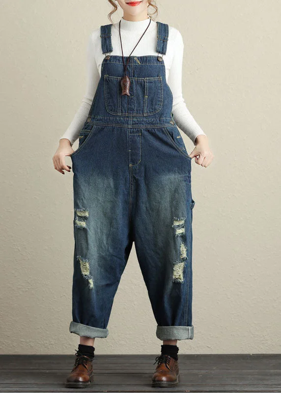 Navy Pockets Patchwork Denim Jumpsuits Spring