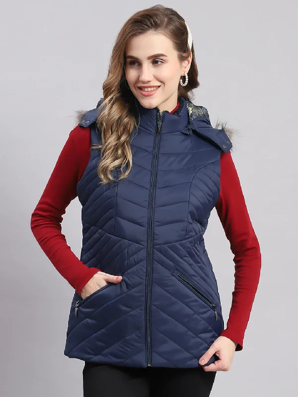 Women Navy Blue Solid Hooded Sleeveless Jackets