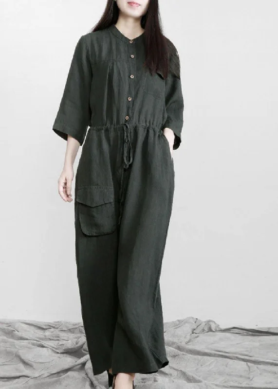 Fitted Tea Green Button Drawstring Fall Women Linen Jumpsuit Pants