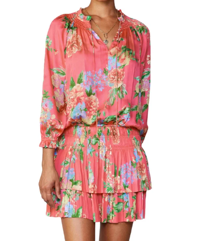 Aurelie Pleated Floral Mini Dress In Bright Pink