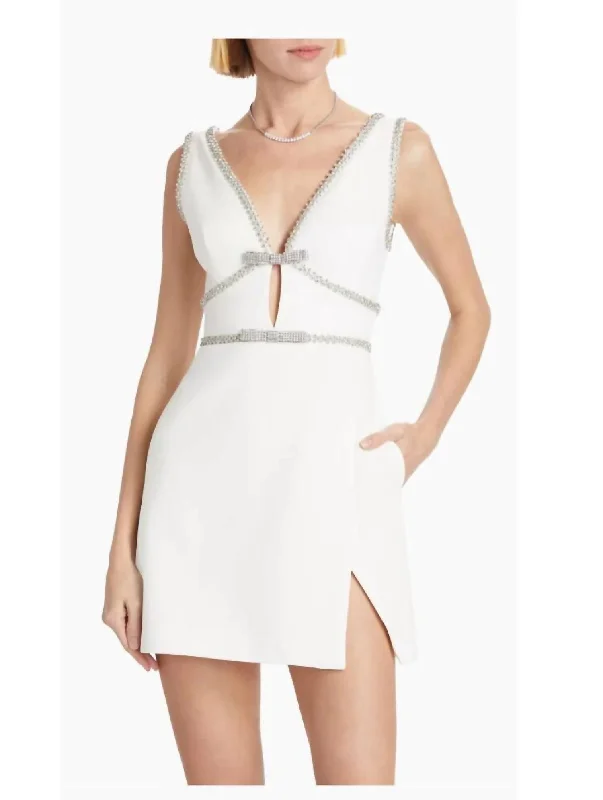 Embellished Bonded Crêpê Bow Mini Dress In White