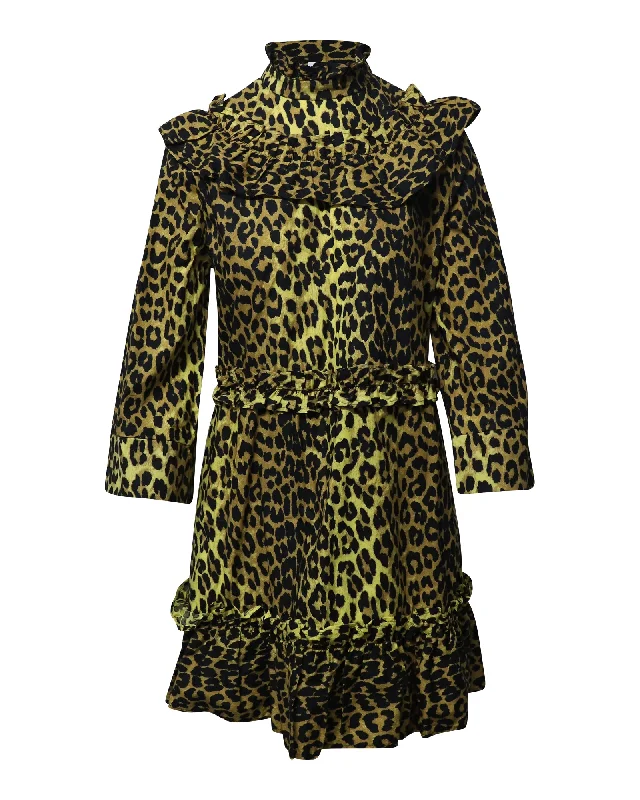 Ganni Leopard Minion Ruffled Mini Dress in Yellow Animal Print Cotton