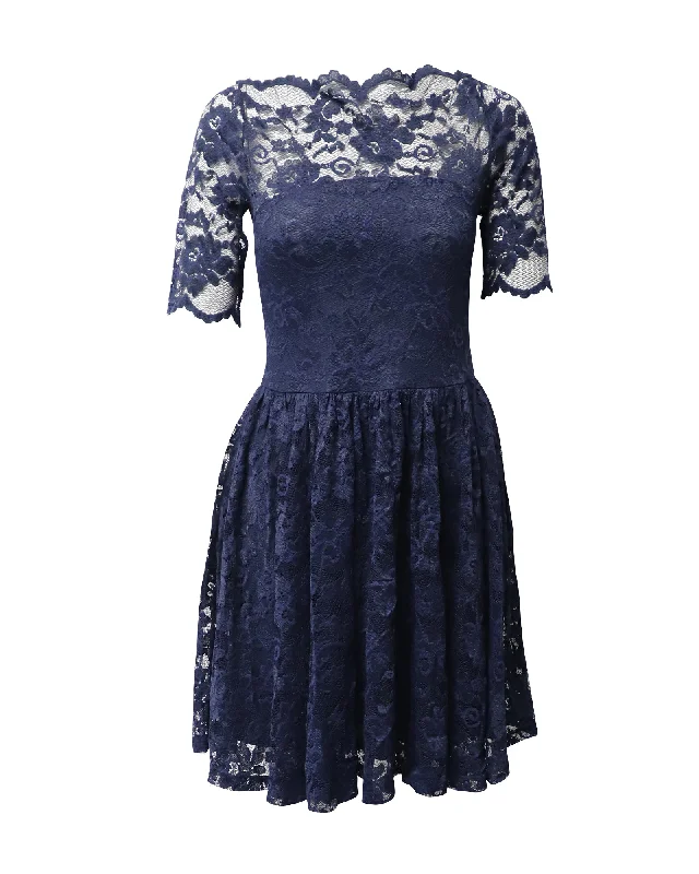 Ganni Short Sleeved Mini Dress in Navy Blue Polyamide Lace