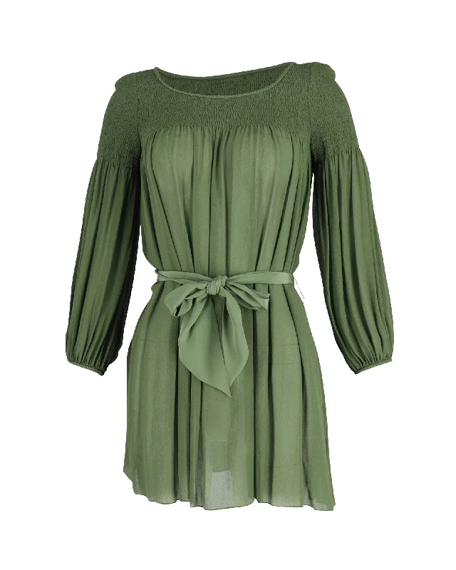 Temperley London Smocked Mini Dress in Green Silk