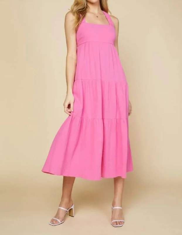 Cross Back Tiered Maxi Dress In Pink