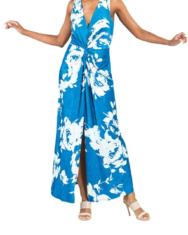 Crushed Silk Knit Maxi Dress In Blue,white