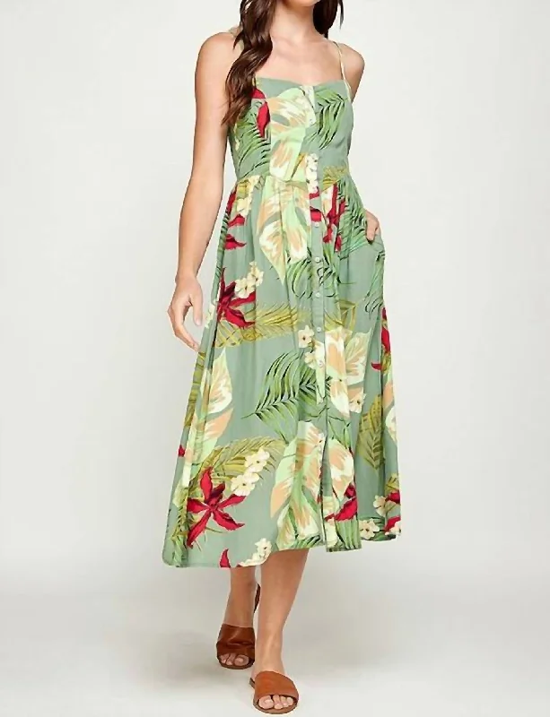 Maxi Dress Button Up In Green