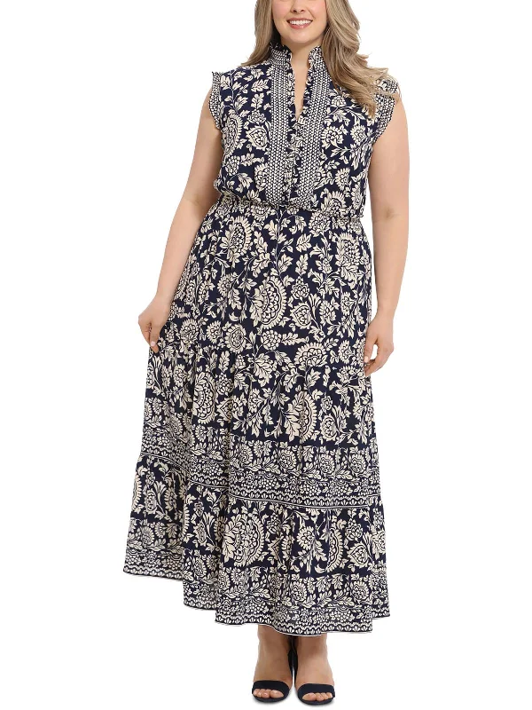 Plus Womens Floral Print Pleated Maxi Dress