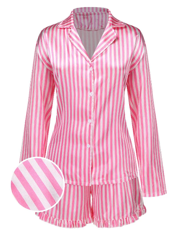 1960s Lapel Stripes Satin Pajamas Set