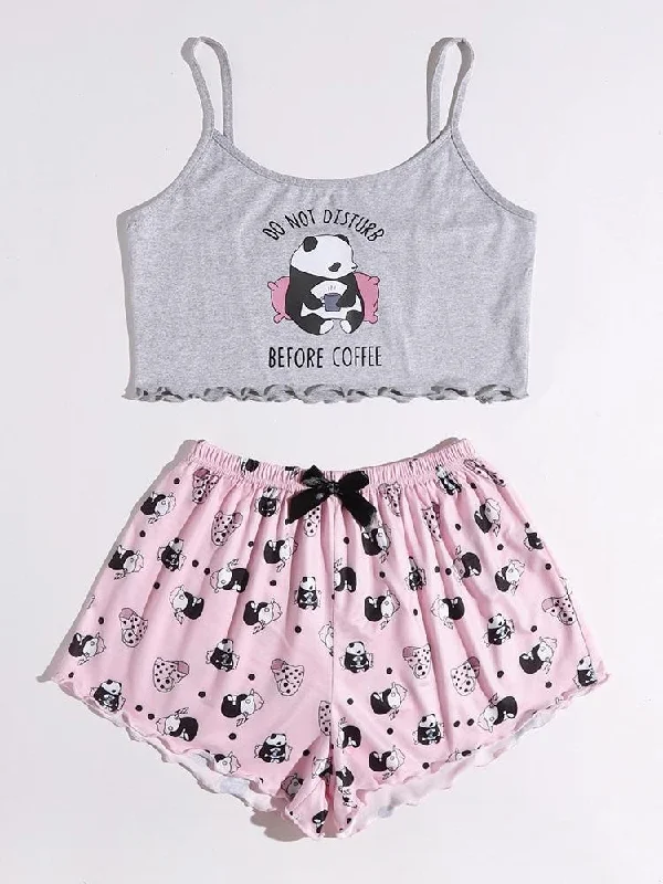 Panda And Slogan Graphic Lettuce Trim Pajama Set