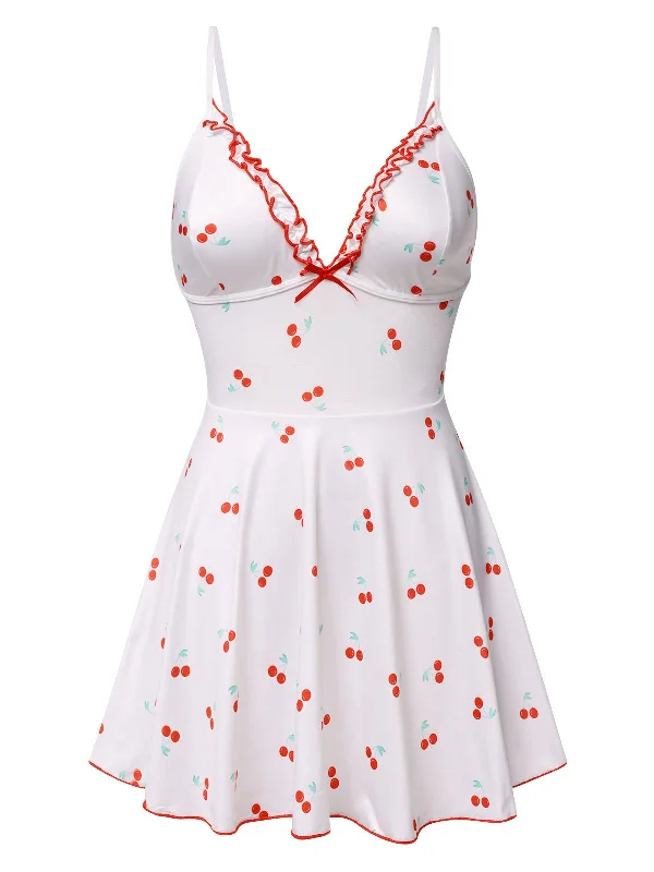 White 1950s Spaghetti Strap Cherry Bow Sleepwear