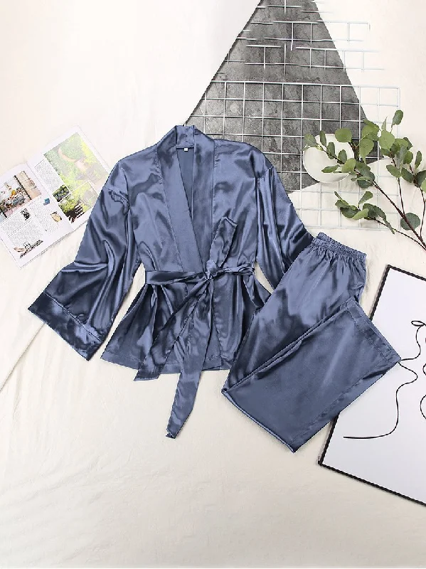 Women's Pajamas Long Sleeve Cardigan Lace Nightgown Loose Pants Pajama Set